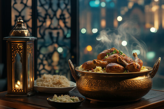 A beautiful shot of an authentic chicken biriyani served in a bowl at the time of ramadan near a ramadan lamp. Ramadan biriyani. Ramdan feast.
