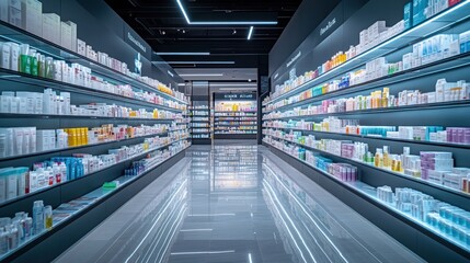Modern pharmacy interior with well-organized shelves and products.
