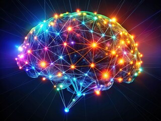 Naklejka premium Futuristic Digital Brain: Silhouette of Interconnected Nodes & Glowing Lights