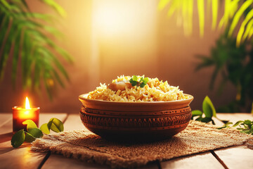 A delicious biriyani serverd in a pot near a candle light.
Biriyani pot on a wooden table with warm background light.