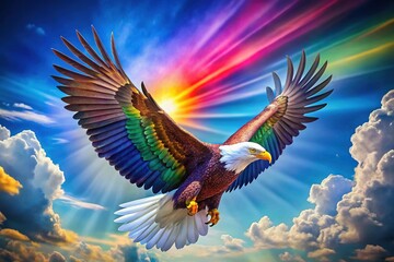 Obraz premium Majestic Rainbow Eagle Soaring, Freedom Symbol, American Eagle Wings, Vibrant Colors, PNG Transparent Background