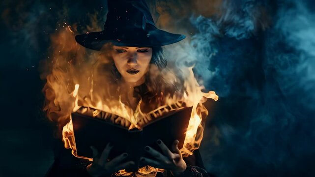 beautiful woman in halloween witch costume with burning book in hands