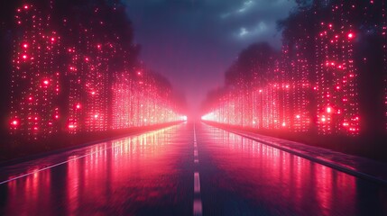 Binary code and connection lights with numbers represent programming, information processing, speed, digital futurism, cybersecurity, software development, server computing, and databases