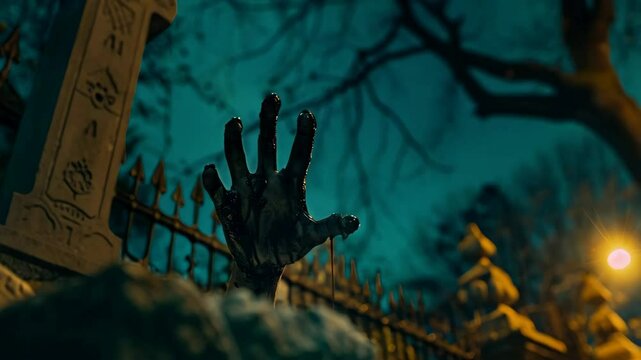 zombie hand rising out of graveyard at night in cemetery