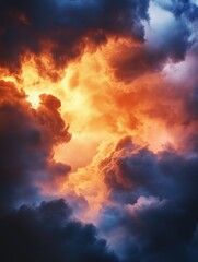 Obraz premium Plane flying through clouds at sunset