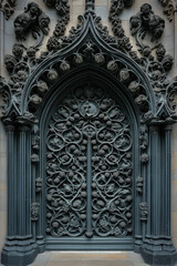 Obraz premium Entrance of a medieval church. Gothic architecture. Intricate details. Created with Generative AI technology
