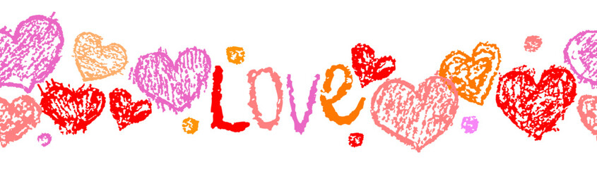Valentine's day seamless pattern, border or background with red pink hearts. Bright vibrant like kids hand drawing doodle funny style. Crayon, pastel chalk or pencil. Cartoon art simple banner frame