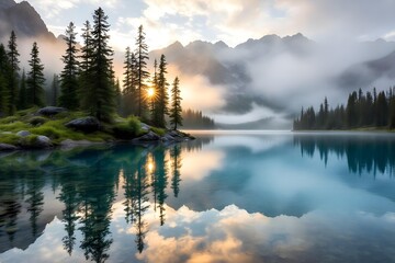 A serene mountain lake at sunrise, surrounded by misty peaks and pine trees, with soft golden light reflecting on the water