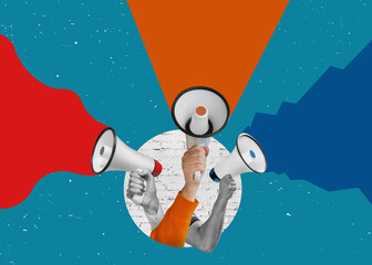Stylish trendy collage of modern art. Different opinion. Crazy discussion, debate, celebrate, announce, information - three mouth screams in megaphone.