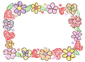 Cute girly funny square frame or vignette with blooming colorful flower. Like kids hand drawn border or background doodle teenager child style. Crayon, pastel chalk or pencil summer cartoon art banner