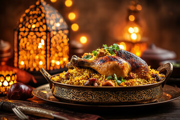A delicious chicken biriyani served in a traditional  brass pot  on table near a ramadan lamp. ramadan biriyani, Eid biriyani., Dum biriyani.