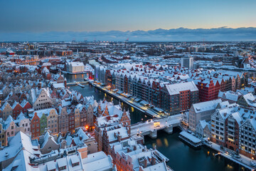 Granary island  in Gdansk by the Motlawa river at snowy winter, Poland