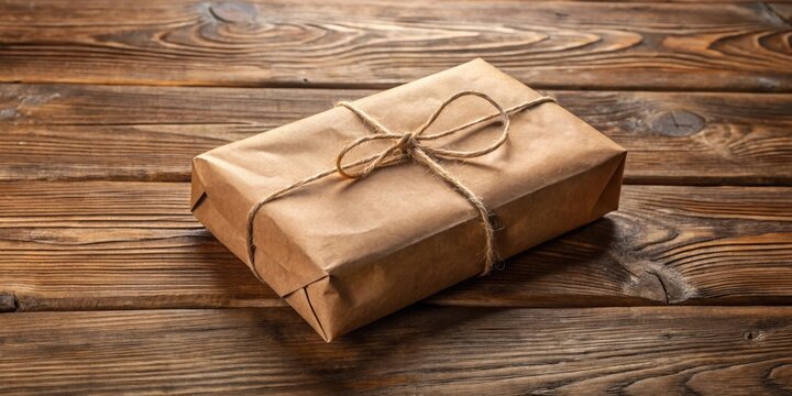 Old package on a wooden table, brown, string tied,  brown, string tied, wooden surface ,brown paper parcel