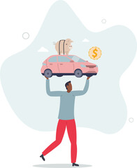 Saving money to buy new car, expense or budget for car maintenance service, debt or car loan concept.flat characters.