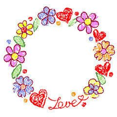 Cute girly funny round frame or vignette with blooming colorful flower. Like kids hand drawn border or background doodle teenager child style. Crayon, pastel chalk or pencil summer cartoon art banner