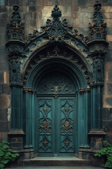 Fototapeta premium Entrance of a medieval church. Gothic architecture. Intricate details. Created with Generative AI technology