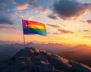 Peaceful Sunrise Over Mountains with a Rainbow Flag and LGBTQ+ History Month in the Foreground