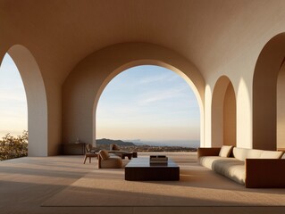 Modern minimalist living space with stunning landscape views