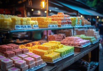 Colorful Display of Traditional Asian Desserts in Vibrant Stalls at Night Market, Showcasing Variety of Sweet Treats and Textures Under Soft Lighting
