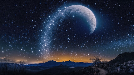 Fototapeta premium A Majestic Night Sky with the Moon and Stars, Radiating Peace and Wonder