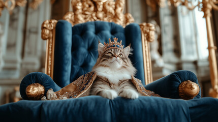 Fluffy Maine Coon cat posing majestically on a regal throne exuding levity and laughter in an elegant setting.