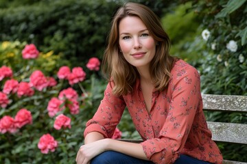 Naklejka premium Woman in Floral Shirt Sitting on a Bench in a Garden