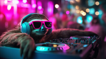 Laid-back sloth DJ spinning beats at a lively nightclub with neon lights, adding levity and laughter to the scene.