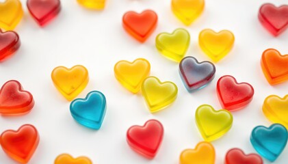 Fototapeta premium Colorful heart shaped candies scattered on white background