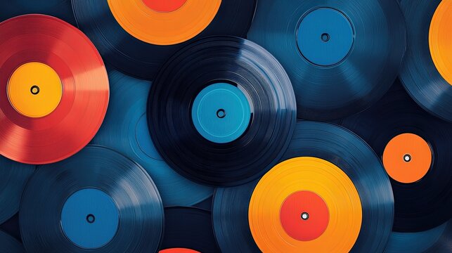 Circular vinyl record collage with deep blue background