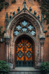 Obraz premium Entrance of a medieval church. Gothic architecture. Intricate details. Created with Generative AI technology