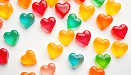 Obraz premium Colorful heart shaped candies scattered on white background Valentine Day any sweet treat