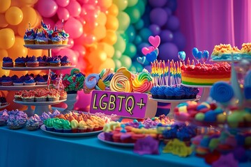 Table of Rainbow Desserts and Decorations with a Centerpiece Displaying 'LGBTQ+'