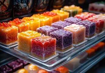 Colorful Selection of Decorative Gelatin Desserts Displayed Neatly on Shelves with Intricate Patterns and Varied Flavors in an Aesthetic Arrangement