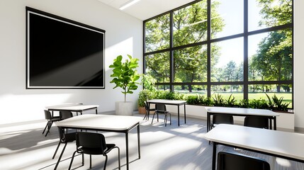 Bright and airy classroom with empty desks, large windows showcasing greenery outside