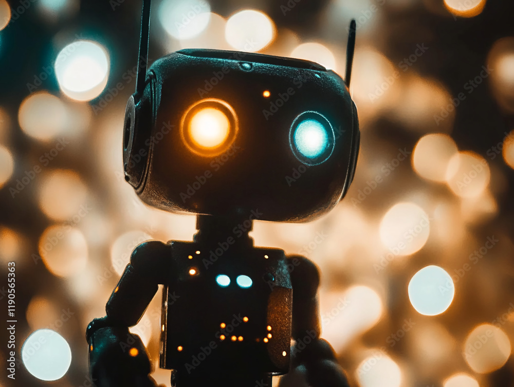 Poster futuristic robot with glowing eyes and bokeh lights in the background