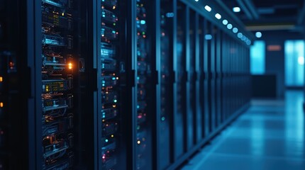 Black Server Cabinets in Data Center with Glowing Lights, Network Cables, and Reflective Floor, High-Performance Computing and Internet Concept