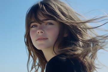 Fototapeta premium Girl with windblown hair freckled face outdoor portrait