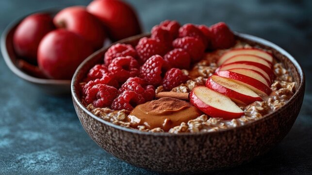 A healthy and delicious breakfast bowl with oatmeal, raspberries, sliced apples, peanut butter, and cocoa