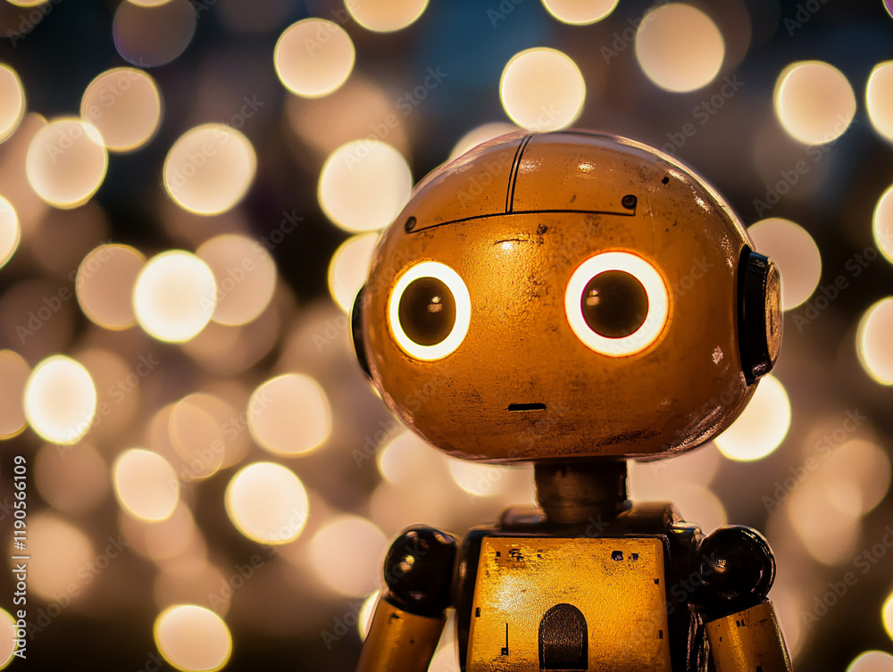 Poster adorable yellow robot with glowing eyes and bokeh light background