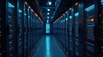 Row of Server Racks in High-Tech Data Center, LED Indicators, Network Cables, and Glossy Reflections, Representing Internet and Cloud Systems