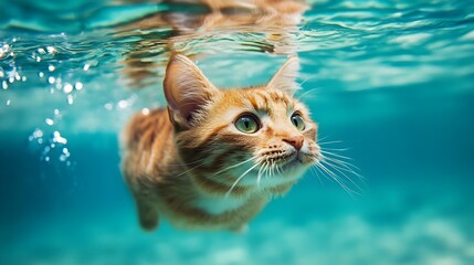 Orange Tabby Cat Swimming in Crystal-Clear Water