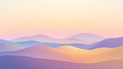 An abstract minimalist landscape with soft gradient hills in warm tones (peach, gold, and lavender), under a simple gradient sky transitioning from blue to pink