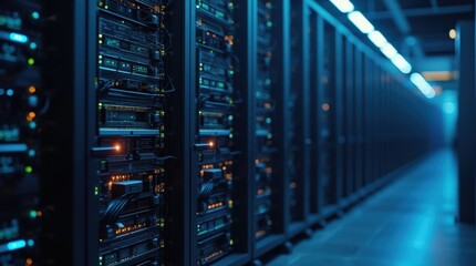 Data Center Server Racks with Glowing Panels, Network Cables, and Polished Floor Reflections, Highlighting Cloud Infrastructure and Data Storage