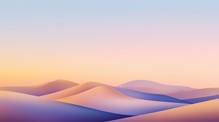 An abstract minimalist landscape with soft gradient hills in warm tones (peach, gold, and lavender), under a simple gradient sky transitioning from blue to pink