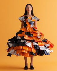 Fashion model in avant-garde dress made from recycled materials