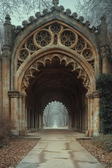 Medieval passage. Gothic colonnade. Intricate Details. Created with Generative AI technology