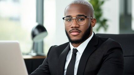Fototapeta premium Boss-employee relationship design. Professional man in suit working at modern office desk.