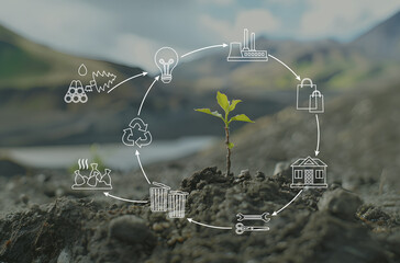 Circular economy concept. A plant growing up from soil with scheme of icons of product life cycle from raw material to production, consumption and recycling instead of waste