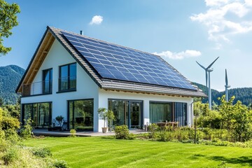 Eco friendly home surrounded by nature with solar panels and wind turbines showcasing sustainability
