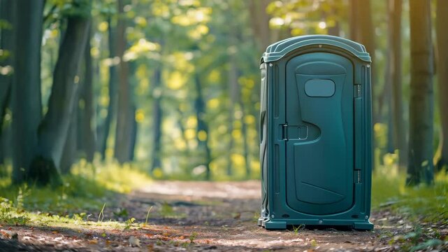 portable chemical toilet in the summer park or forest, background with copy space